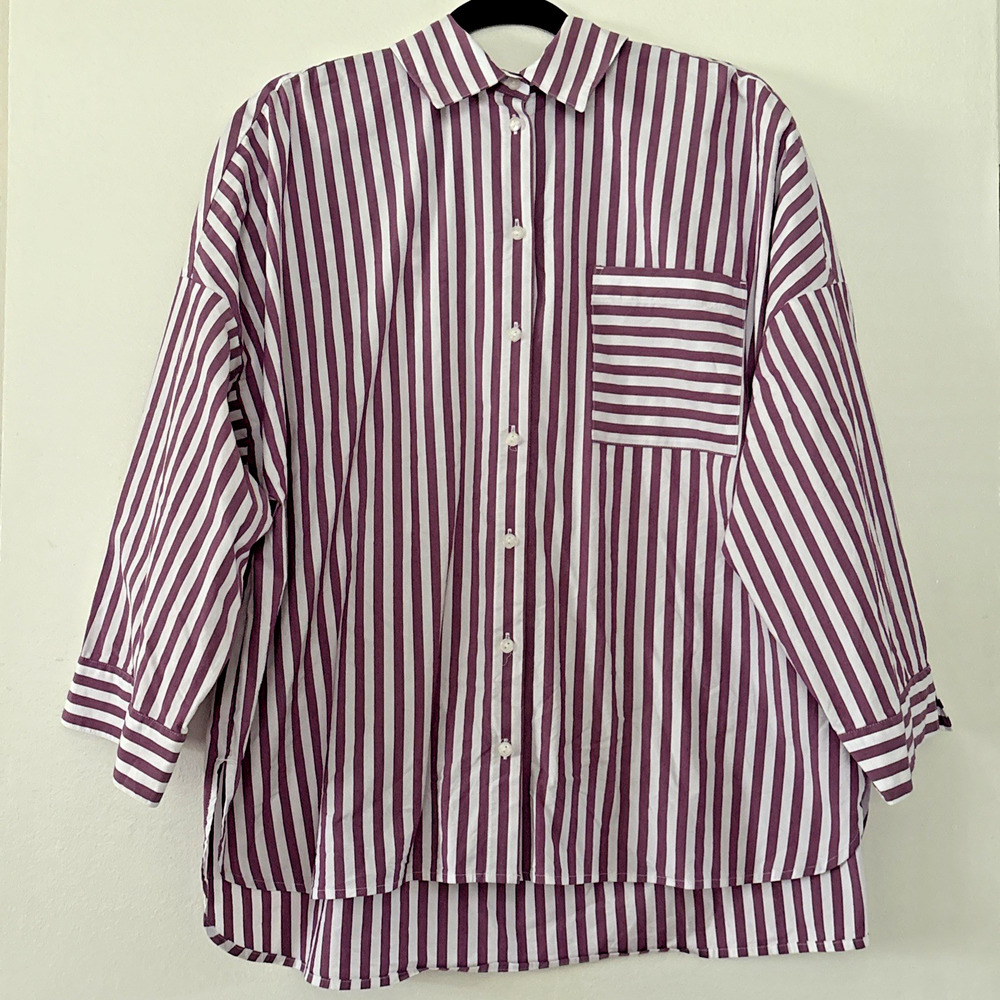 J. Jill Purple and White Striped Button-Up Blouse